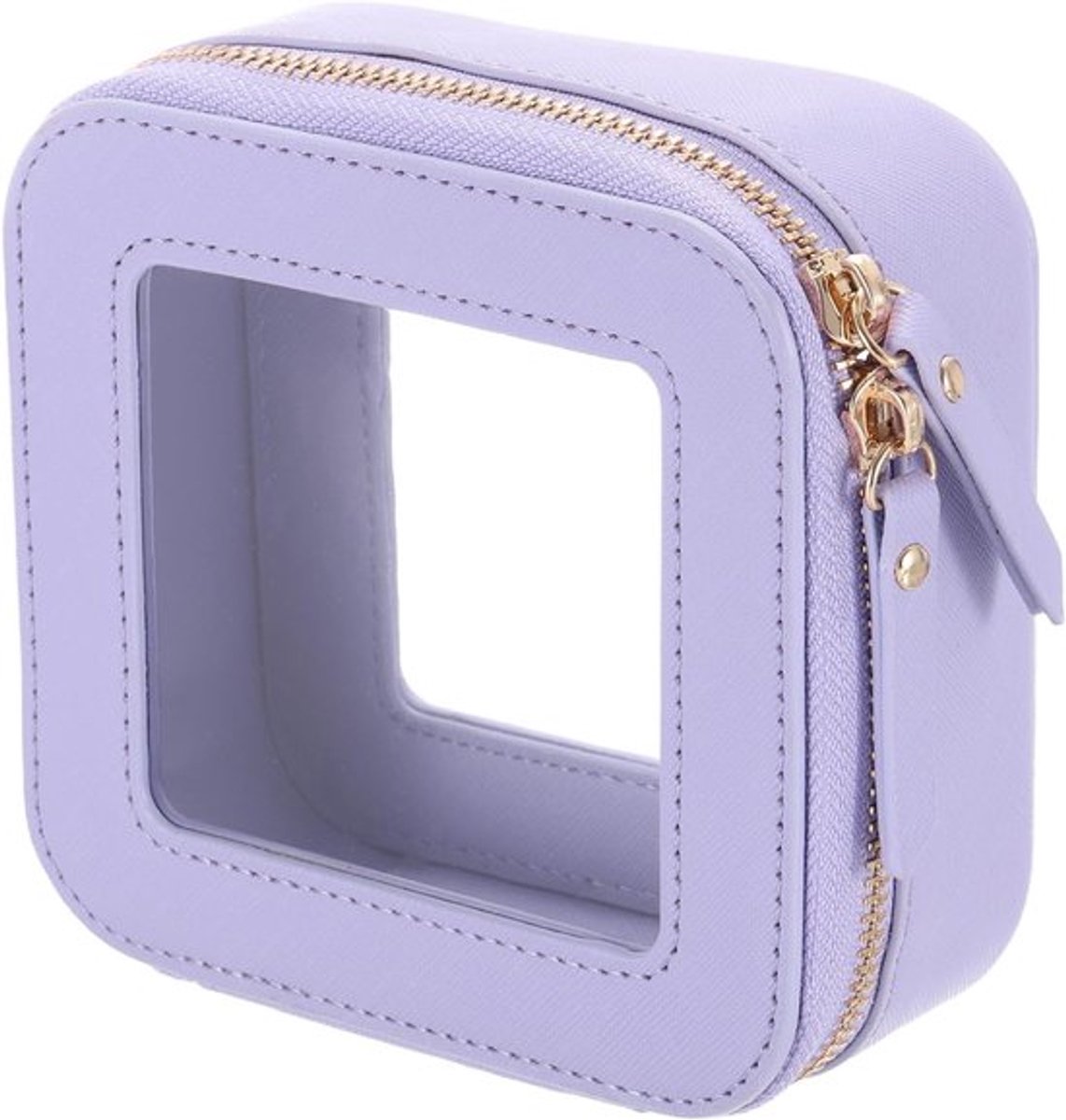 Transparante make-uptas 12,7 x 12,7 cm, kleine organizer met ritssluiting voor dagelijks gebruik en reizen, paars, ideaal voor cosmetica en accessoires
