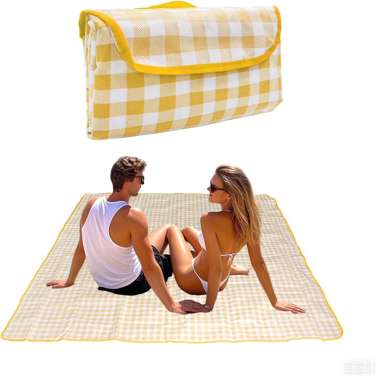 KZQ 200x300 cm zand- en waterdichte picknickkleed - Strandmat voor kamperen wandelen en park - Draagbaar met opbergtas - Antiaanbak voor zand en gras - Geel