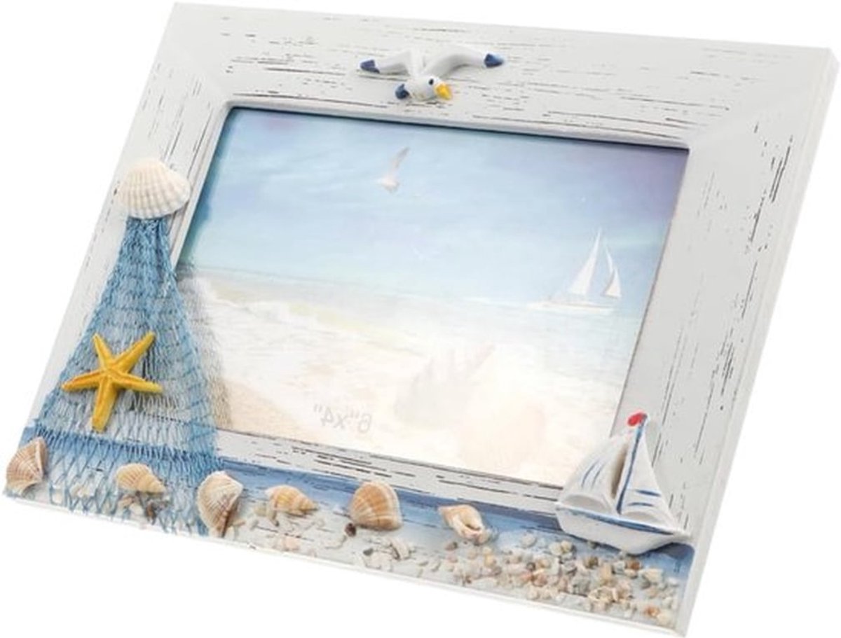 Rustieke houten fotolijsten met schelpenornamenten voor een mediterrane kuststijl in huis, ideaal voor kantoor en als cadeau