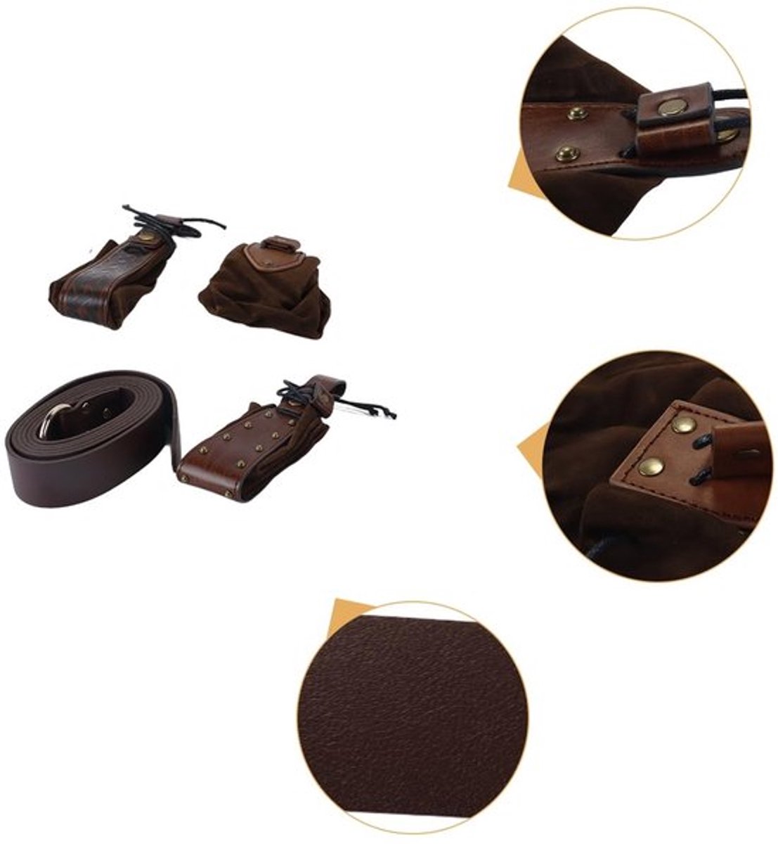 Riemtas middeleeuws - 4-delige set - Trekkoordtas - Imitatieleer - Bruin - Geschikt voor LARP en cosplay - Heuptas
