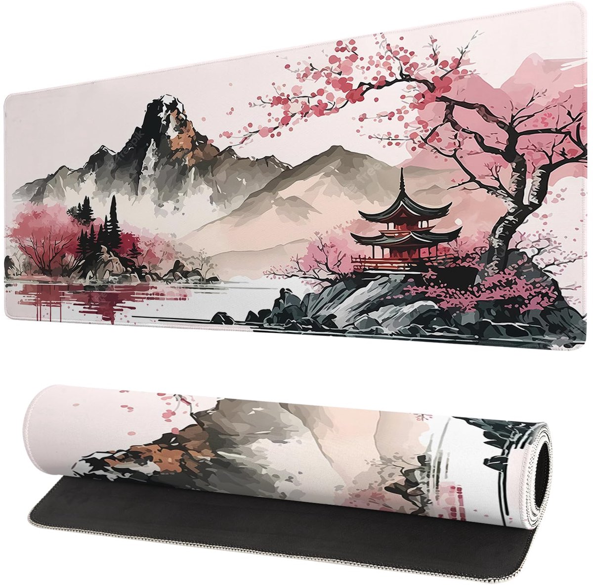 Gaming muismat - Grote Muismat 80 x 30 cm - Pruimenbloesem Landschap - Chinese Inktschildering Bureauonderlegger - XXL Muismat met Antislip Rubberen Onderkant - Waterafstotend en Gestikte Rand - Voor Kantoor, Thuis en Gaming