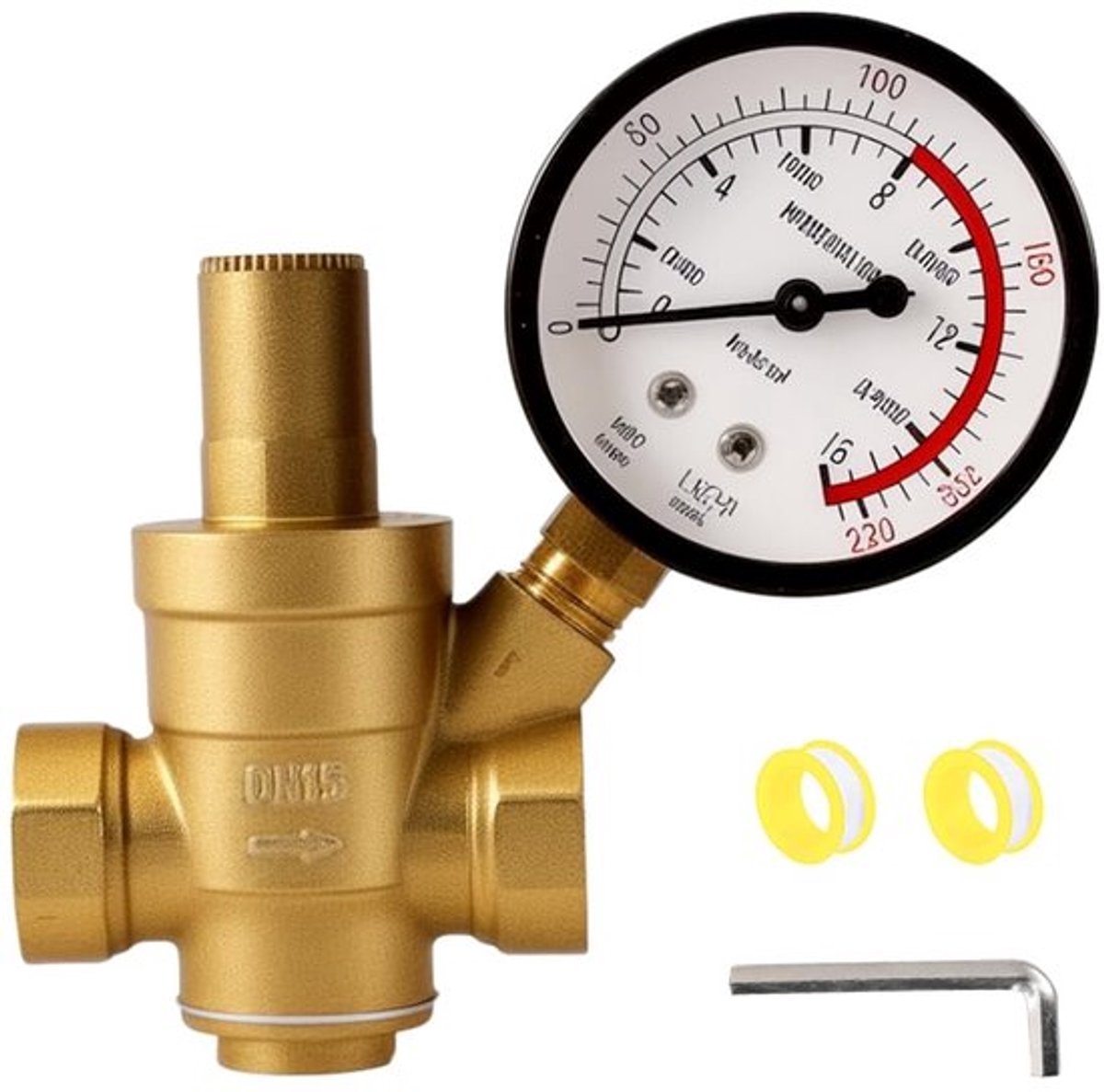 Drukregelaar 1/2 inch DN15 met manometer - Waterdrukreduceerventiel - Waterdrukregelaar - Messing - Eenvoudige montage - Voor huishoudelijke en industriële systemen - Waterdrukventiel