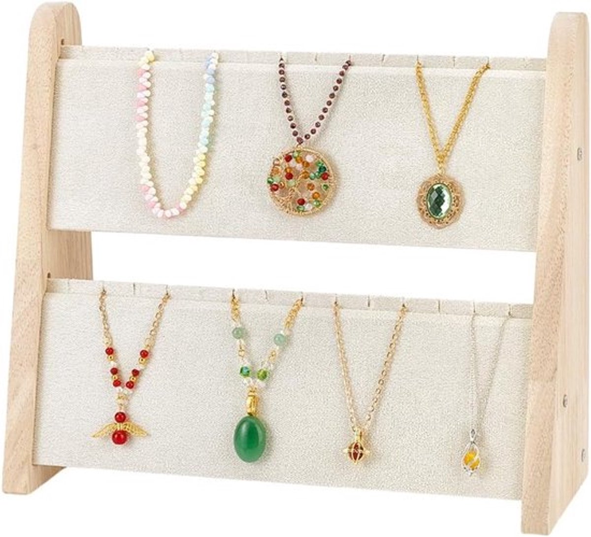 Houten kettinghouder met 2 niveaus voor sieraden, organiseer tot 34 kettingen in stijl, beige kleur