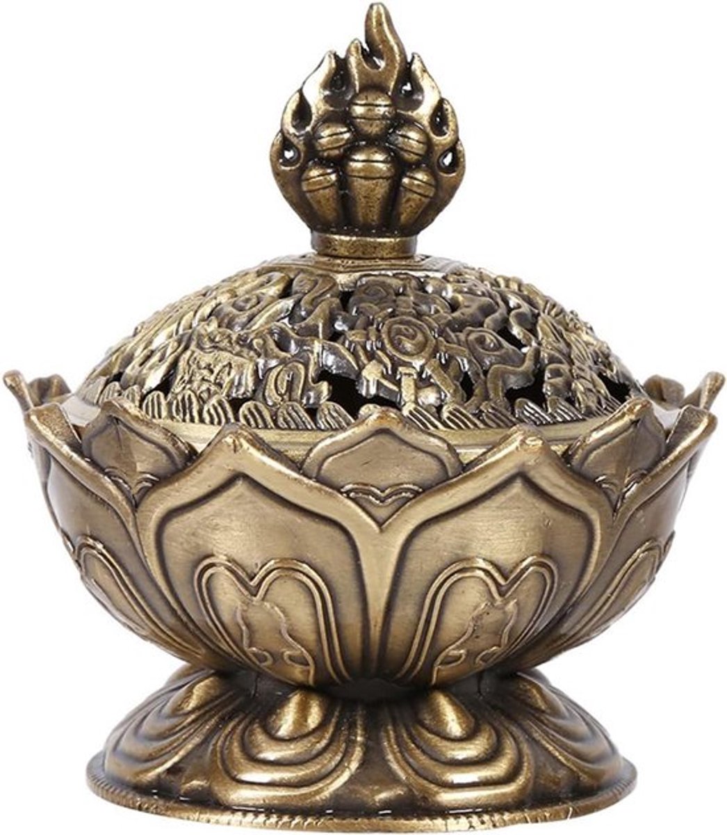 Vintage wierookbrander voor terugstromende rook met kegelhouder - bronzen woondecoratie - sfeervolle ambiance in huis