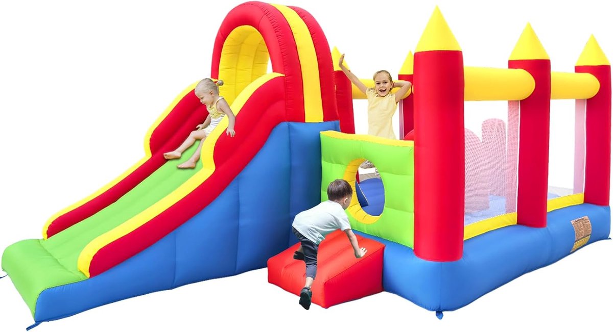SnelShoppen - Ballsea Springkasteel XXL - Opblaasbaar Slot met Glijbaan en Trampoline - 592 x 290 x 216 cm - Ideaal voor Kinderverjaardag en Tuin