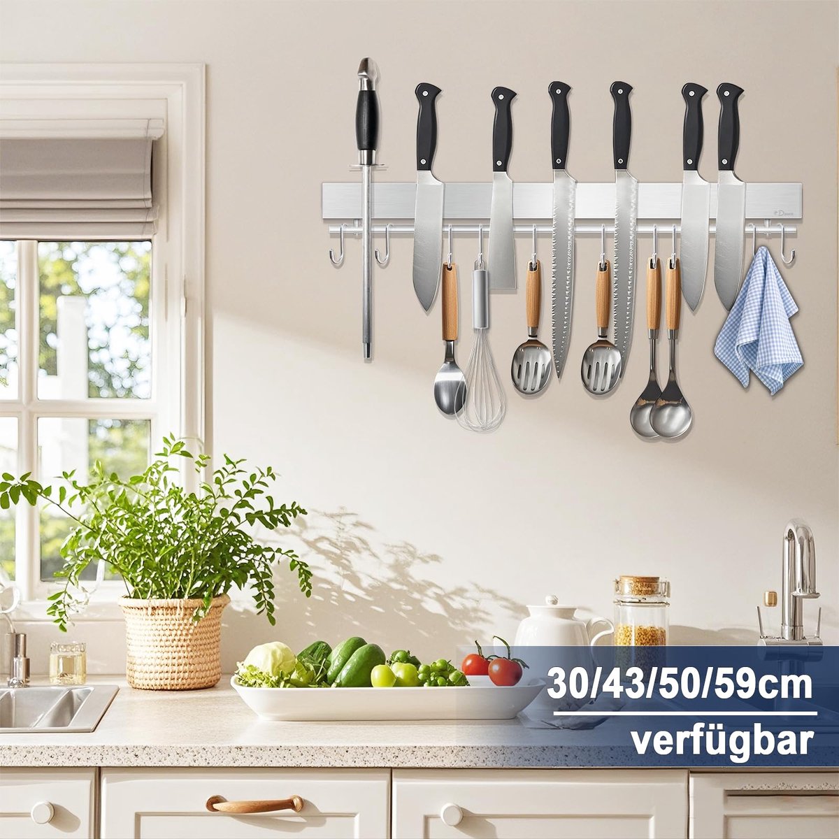 SnelShoppen - Magnetische Messenlijst met 10 Haken, 43 cm Roestvrij Staal, Extra Sterke Magneet, Messenhouder voor Keuken, Inclusief Plakband en Schro