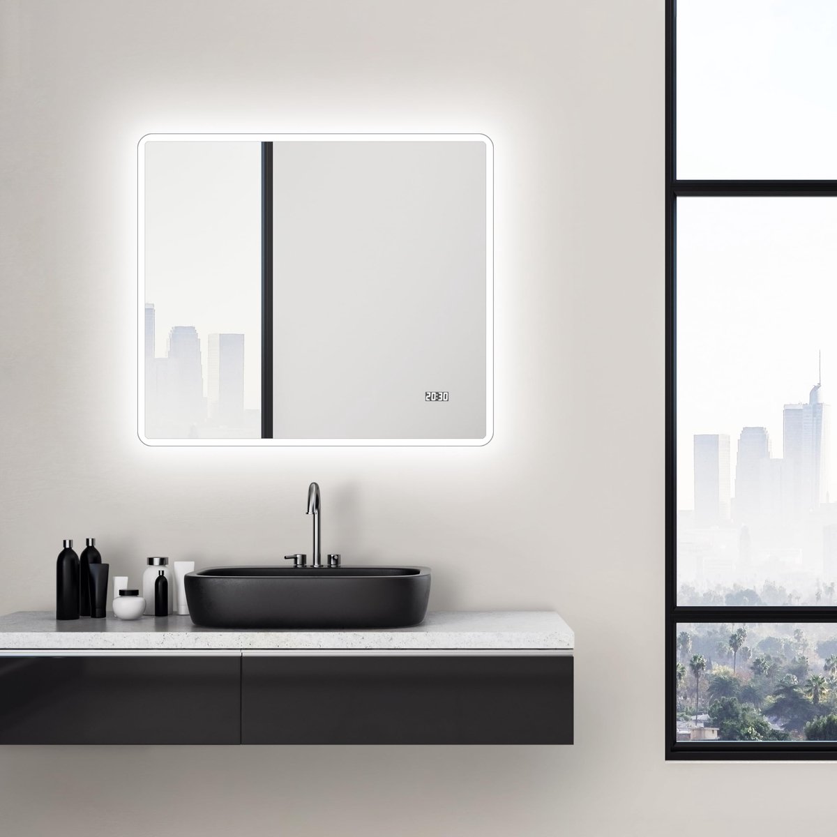 SnelShoppen - LED badkamerspiegel Talos Sun 80 x 70 cm - modern design met licht frame, digitale klok en lichtkleur 4200K voor stijlvolle badkamerverl