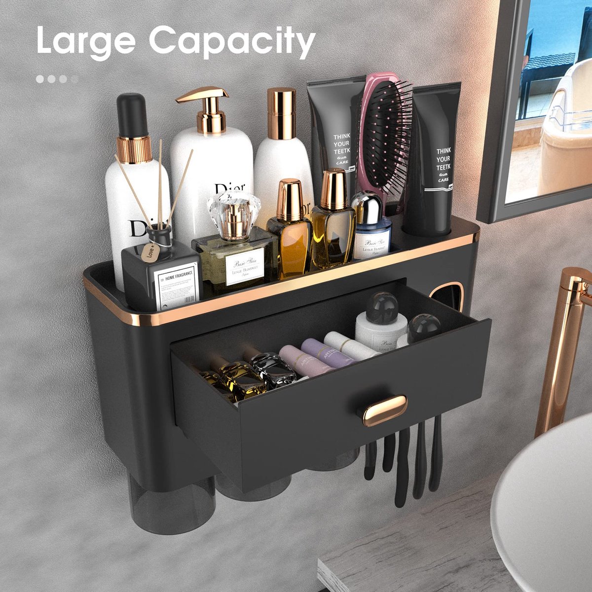 SnelShoppen - Luxe Zwart-Goud Tandenborstelhouder met Tandpasta Dispenser en 3 Bekers - All-in-One Badkamerorganizer & Opbergoplossing voor Tandenbors