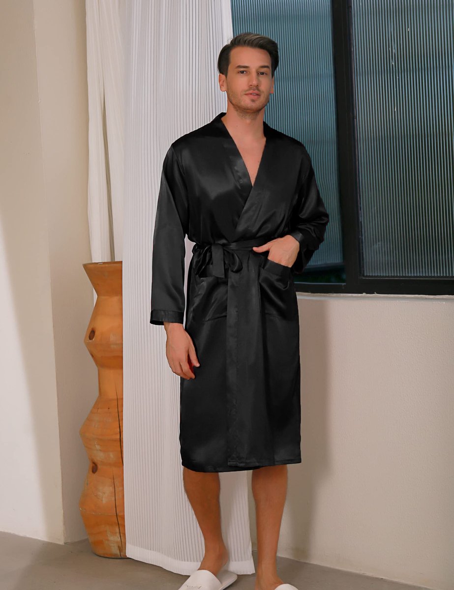SnelShoppen - Irdcomps Satijnen Kimono, Mannelijke Ochtendjas, Lange Badjas, Lichtgewicht Zijde Nachtkleding, Pyjama met Riem, Beschikbaar in Maten S-