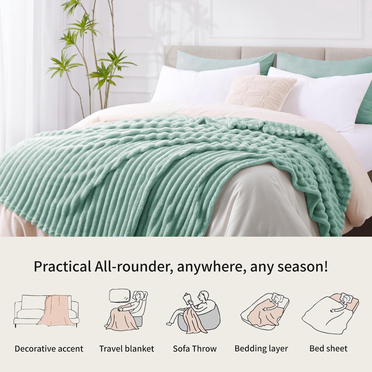 SnelShoppen - Fleece plaid 150 x 200 cm, extra zachte flanellen deken voor op bed of bank, mosgroen, 100% microvezel, warme dekens voor koude avonden, — cadeau in Wonen & Interieur - foto 3