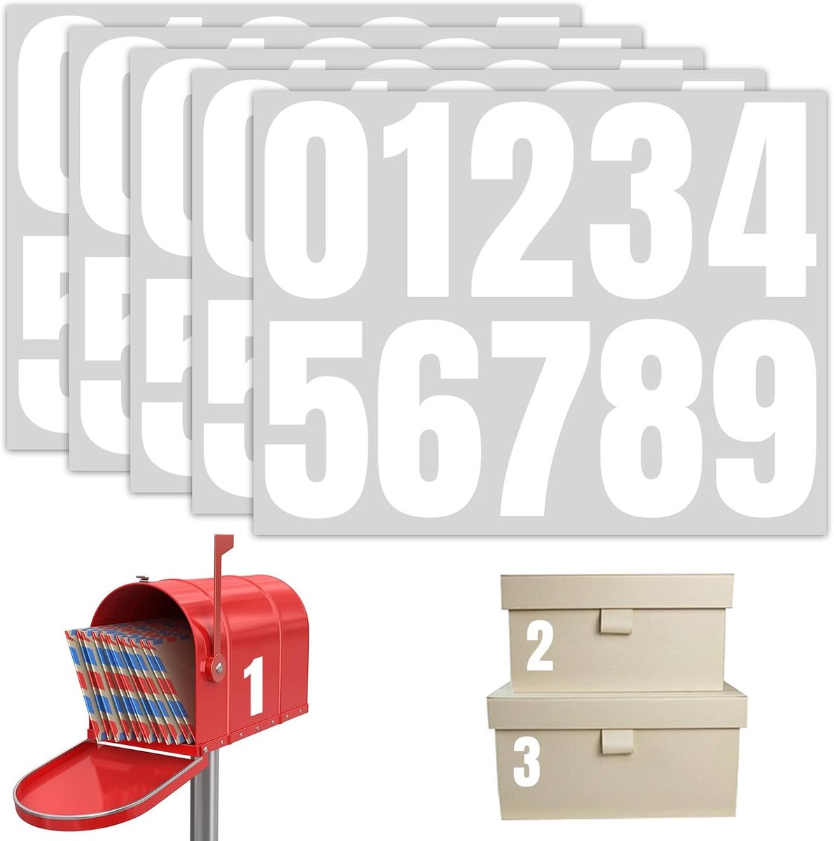 5 stuks cijferstickers, 10 cm grote huisnummerstickers, weerbestendig en waterdicht, zelfklevende vinyl cijfers 0-9, voor brievenbus, postbus, borden, ramen （wit）
