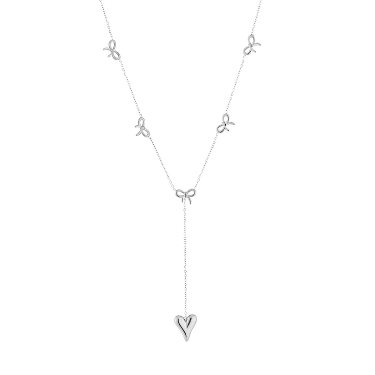 Speelse Dames Y-Ketting met Strikjes Accenten & Vallend Hartje - Coquette Stijl Sieraad - Zilver