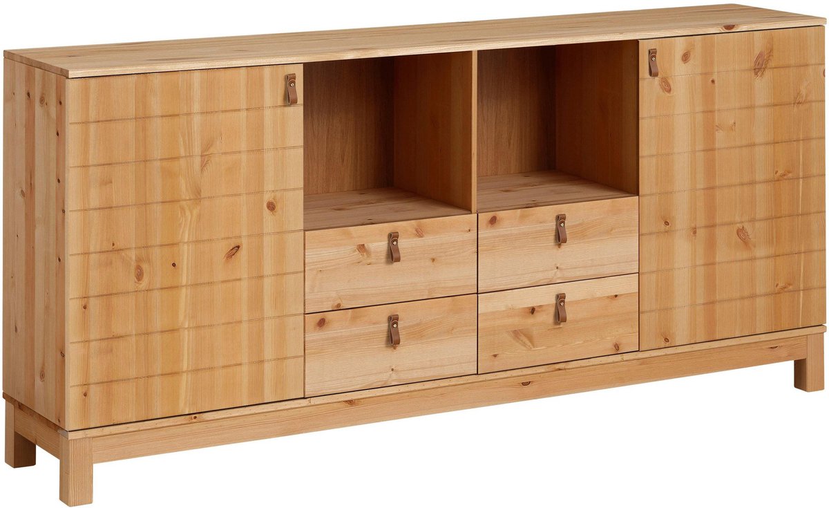 Dressoir met 2 deuren, 4 lades, 2 open kastjes in dennenhout