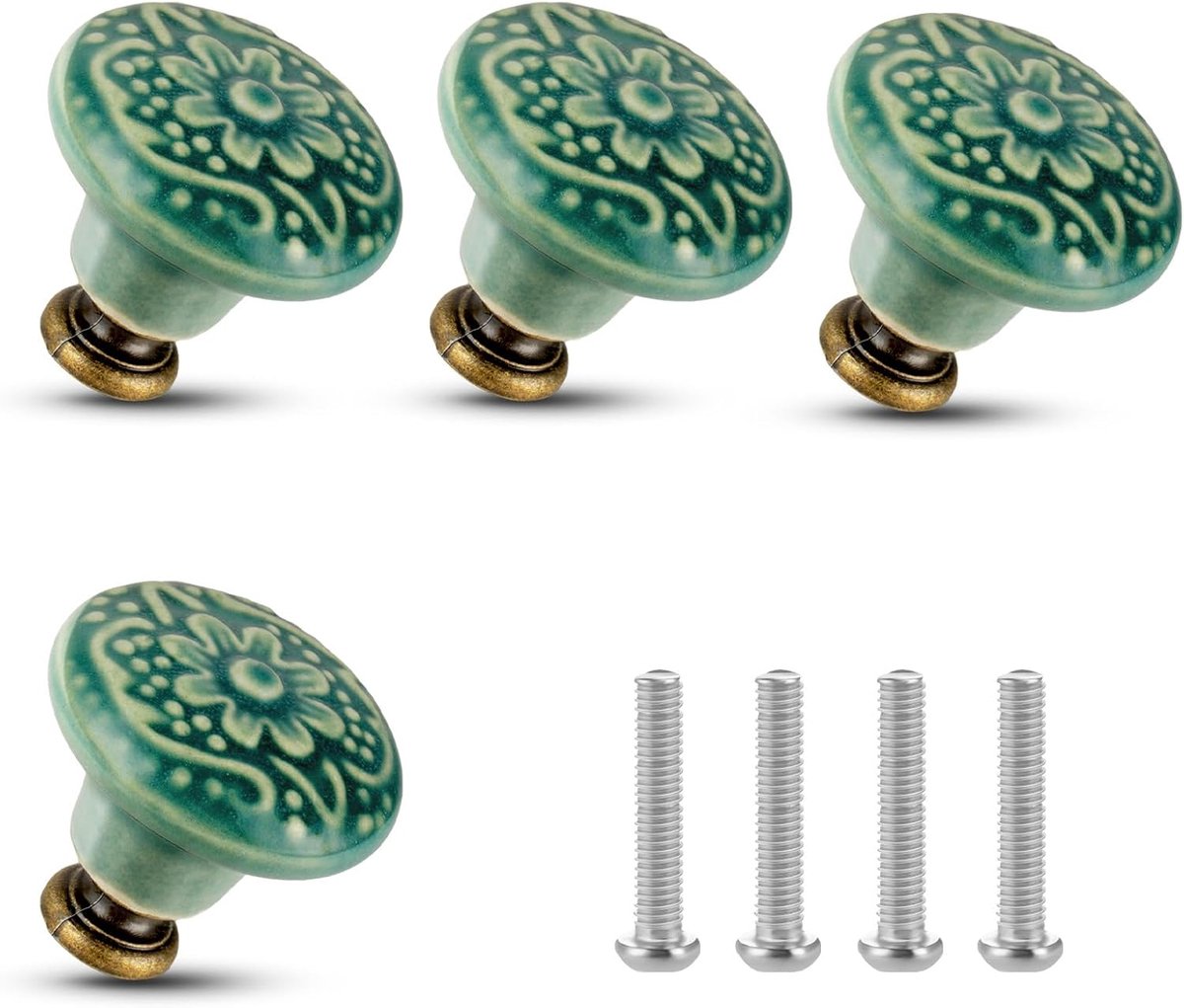 4 stuks vintage bloem kastknoppen, decoratieve meubelknoppen met bevestigingsschroeven voor kastlades en kastdeuren, diameter 3,56 cm (groen)