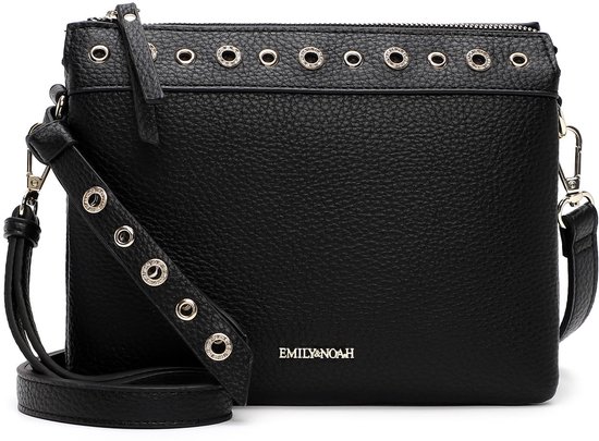 Zwarte pebbled lederen crossbody tas met gouden oogjes en afneembare band met gesp.