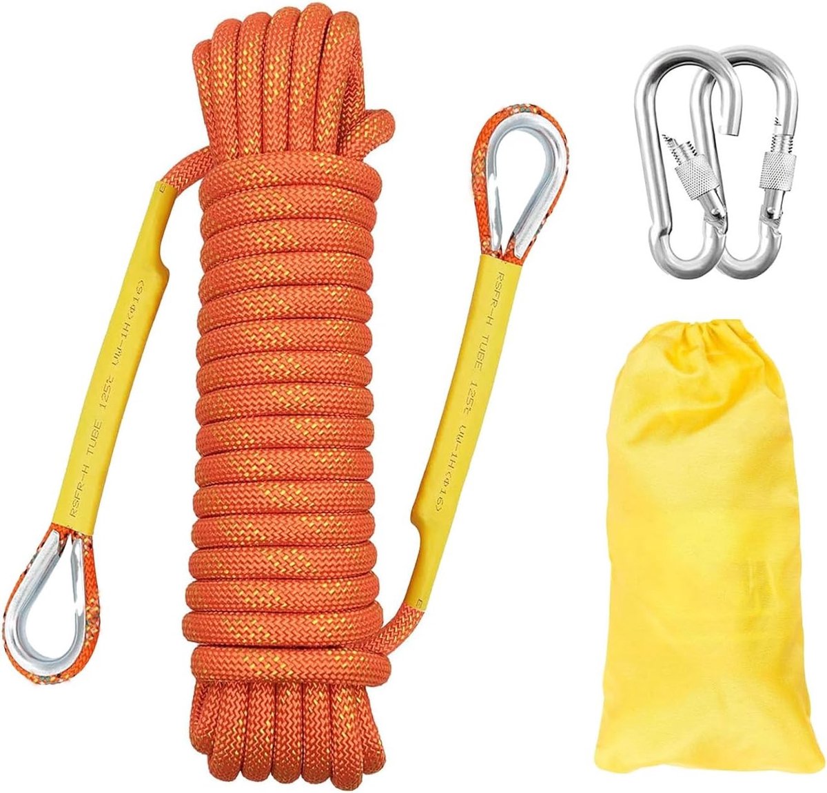 Klimtouw van 25 meter in oranje kleur, 8 mm dik, met haak voor veilig gebruik en outdoor avonturen