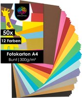 Een set van 50 vellen A4 fotopapier in 12 kleuren, met een op de voorkant gestileerde giraf en een opengewerkte vorm van een hart in rood. De stapel papier toont een breed scala aan kleuren.