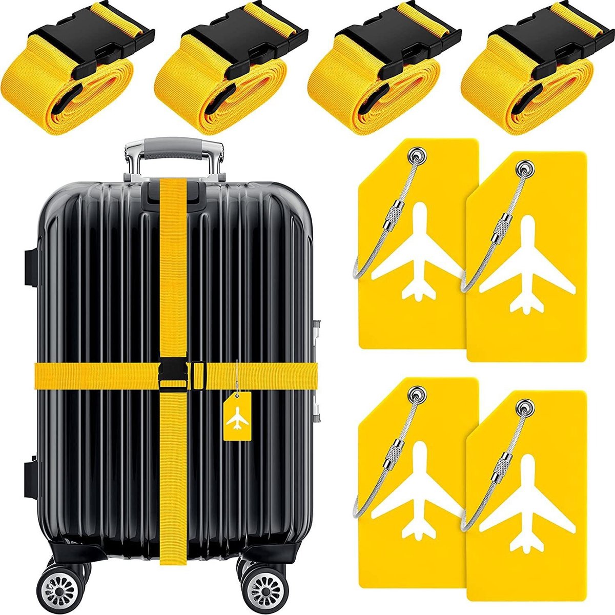Vierdelige bagagelabelset, antislip verstelbare bagageband, met adreslabel, opvallende en gemakkelijk herkenbare bagage voor reistassen en koffers.