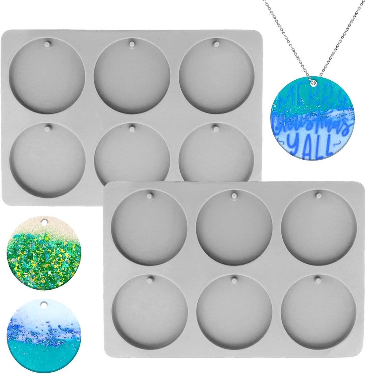 Ronde Silicoon Mallen voor Kerstdecoraties, 2 Stuks, Epoxy Hanger Mallen voor DIY Ambachten, Ornamenten en Sieraden maken