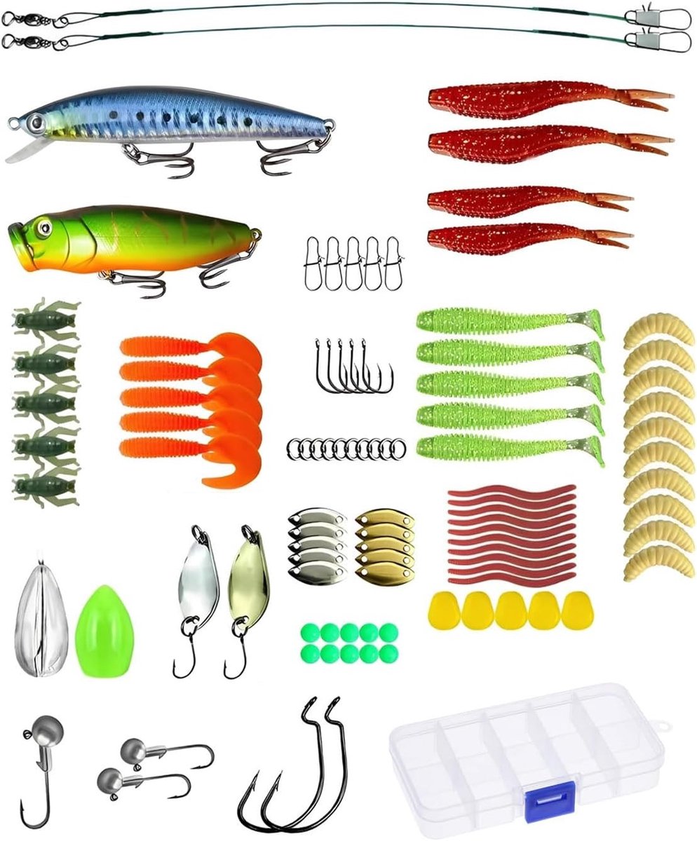 98-delige vishaken set met lokaalbox voor zander, wobblers, spinners en jigheads voor zoet- en zoutwatervissen