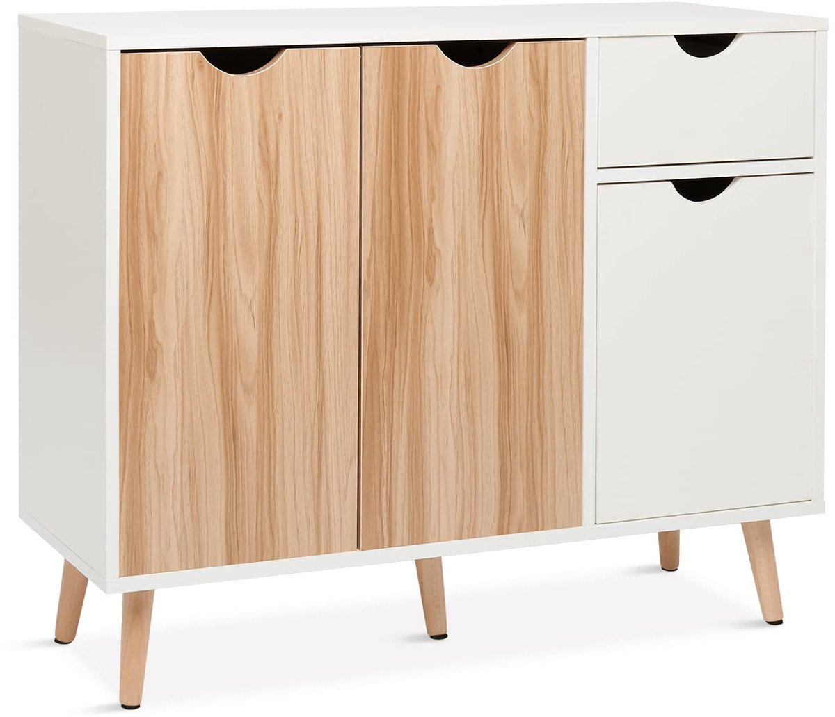 SnelShoppen - Mondeer Commode Dressoir Hout met 1 Lade en 3 Deuren, Wit en Natuur, 90 x 30 x 73 cm voor Woonkamer, Slaapkamer en Hal