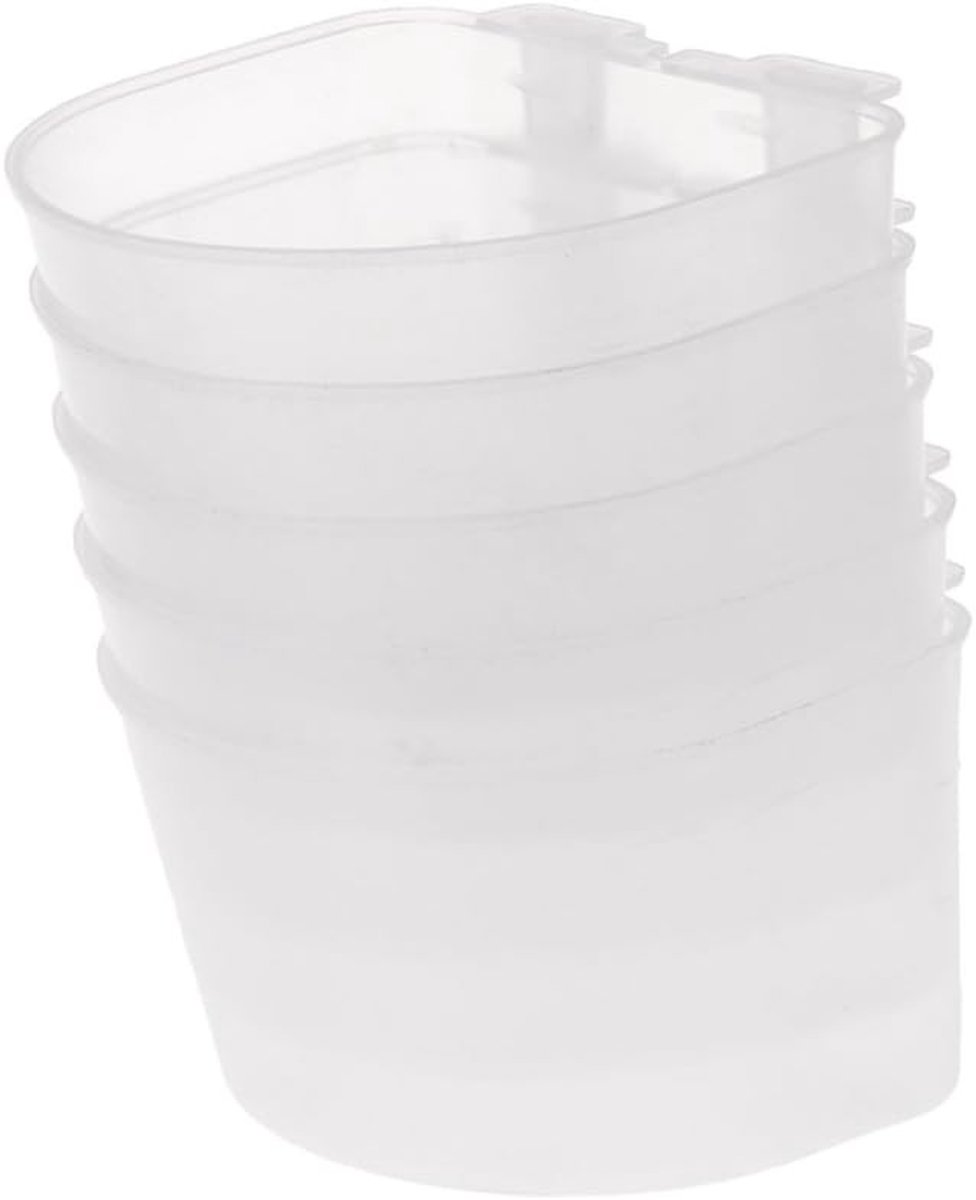Vogelvoederbekers met haken, doorschijnende kunststof, waterbakken voor papegaaien en kanaries, 5 stuks, voederdispenser voor buiten, zaden en geen afval, 9 kg