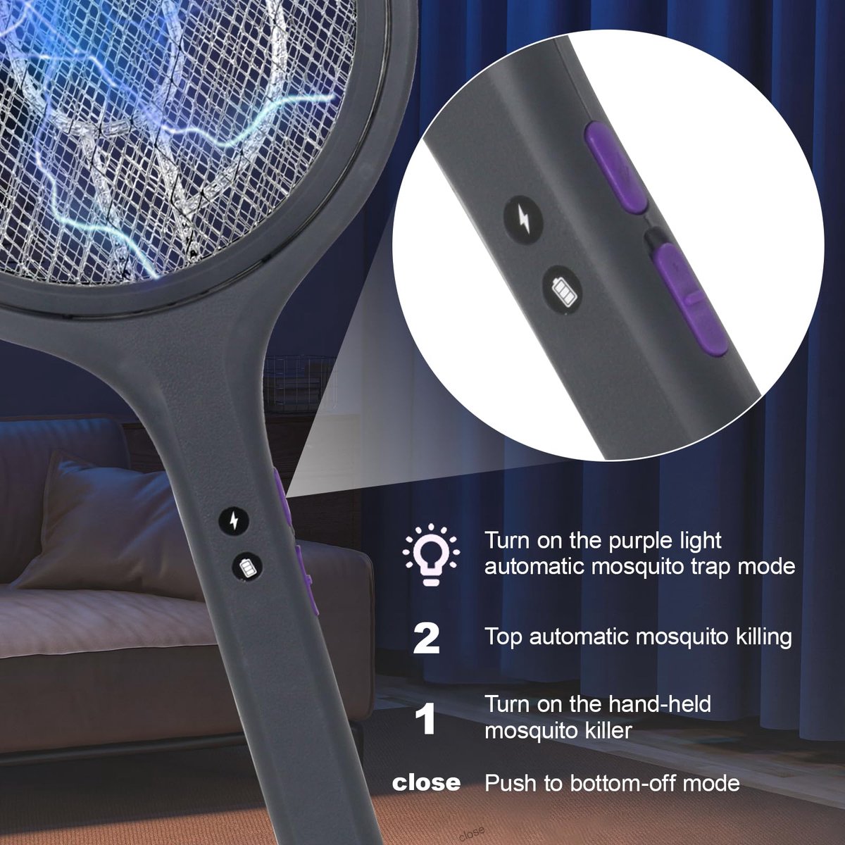 SnelShoppen - 2-in-1 Elektrische Vliegenmepper met 180° Roterende Kop, Oplaadbaar en Telescopische Verlenging, Insectenverdelger voor Binnen en Buiten
