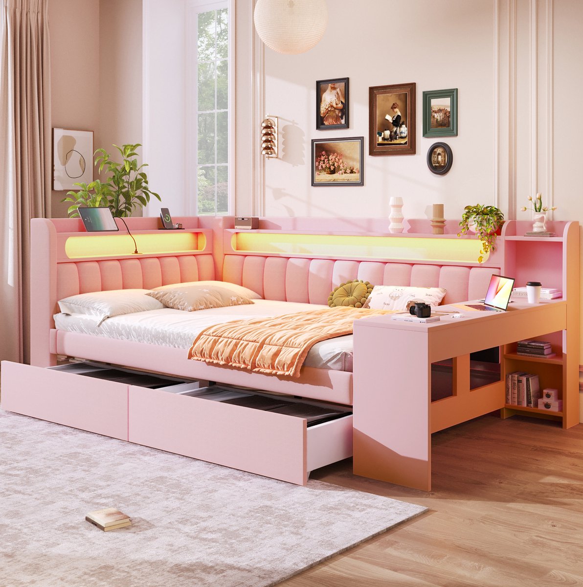 Bedbank 140x200 cm – Daybed Met USB En LED Verlichting – Bureau En 2 Lades – Voor Slaapkamer En Studie – Gestoffeerd MDF – Roze Zonder Matras