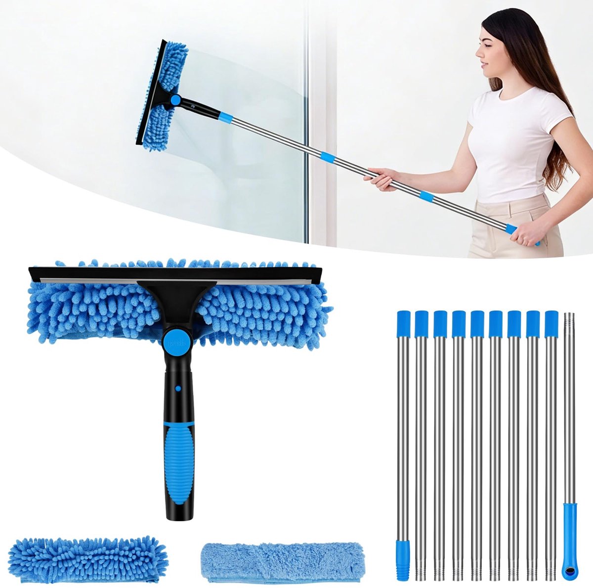 SnelShoppen - 4,5 m Raamwisser met Telescoopsteel, 2-in-1 Raamreiniger, Extra Lange 24 cm Raamwisserset voor Hoge Ramen, Professionele Telescopische G