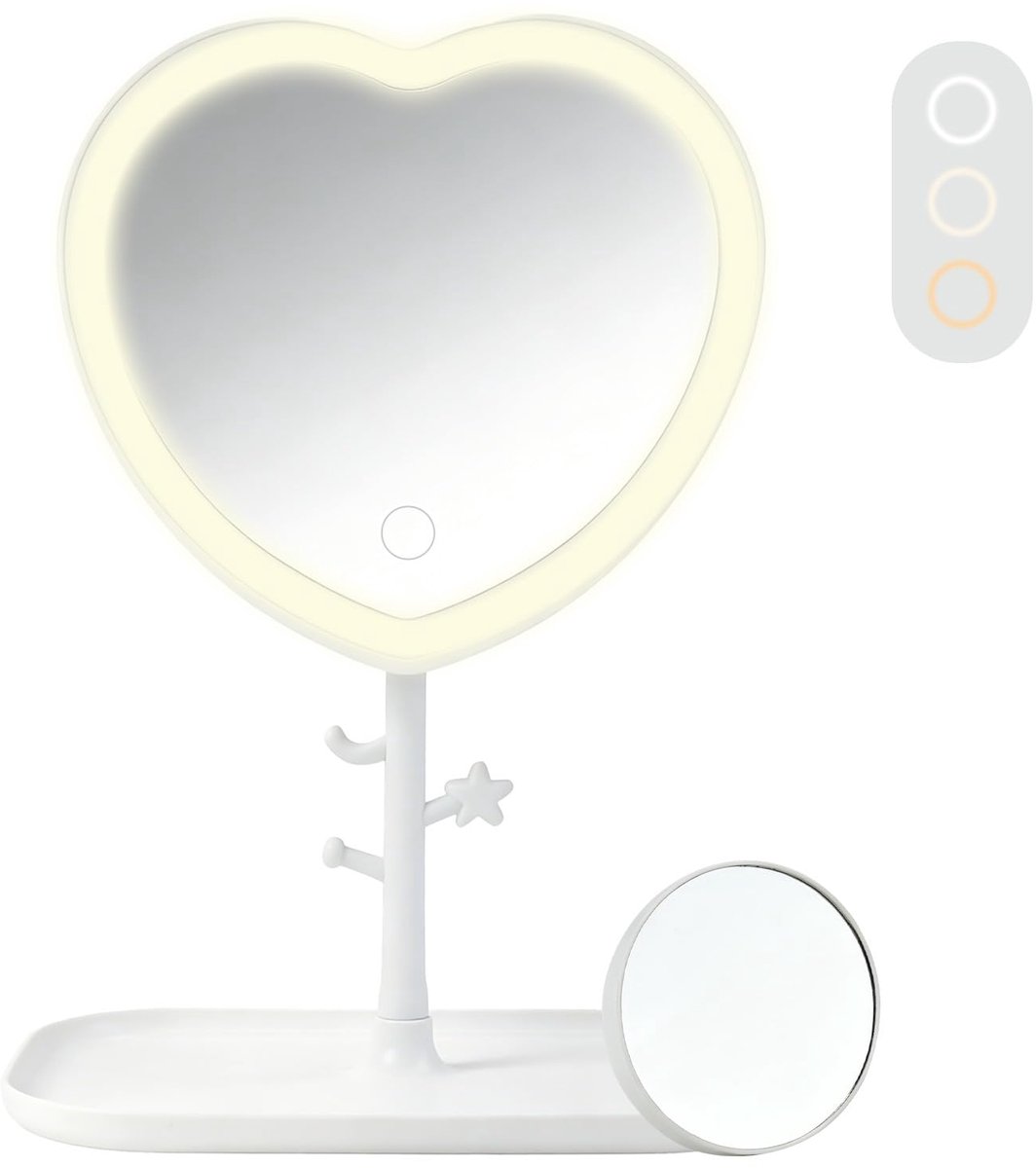 SnelShoppen - Make-upspiegel met Verlichting - Draagbare Cosmetische Spiegel met 3 Kleuren LED Verlichting, 1x Hoofdspegel + 3 inch 5x Zuigspiegel voo
