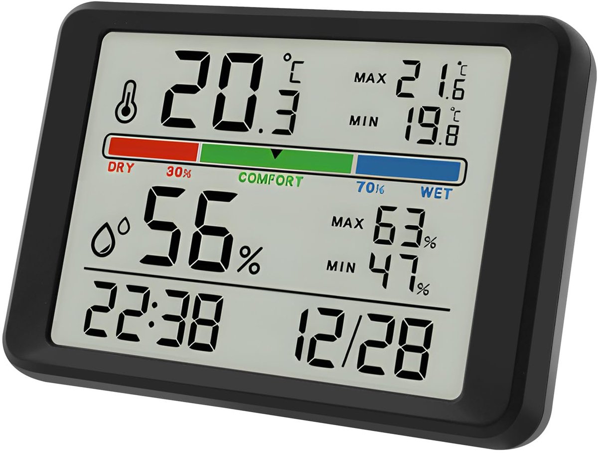 SnelShoppen - Digitale Thermo-Hygrometer met Klok, Alarm, Datum, Thermometer en Hygrometer - Hoge Precisie, LCD-Display, Magnetisch Design voor Thuis,