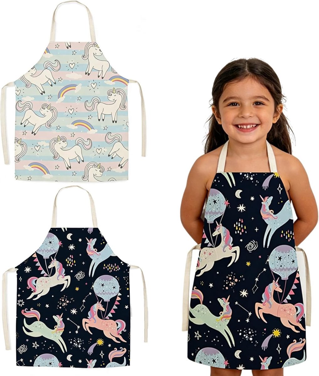 Unicorn Schort voor Koken en Creatieve Klussen, Cartoon Stijl, 2 Stuks, Ideaal voor Kinderen en Volwassenen