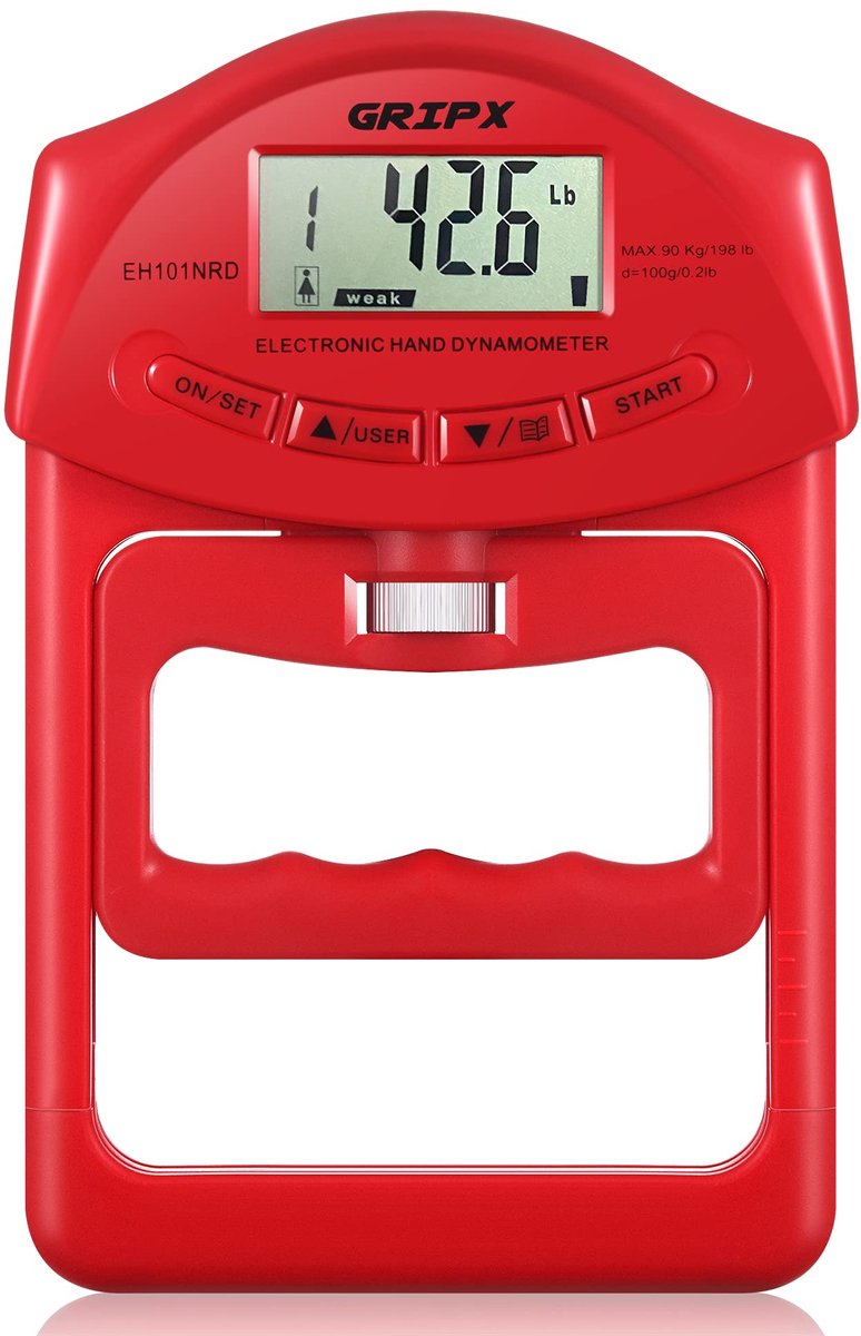 SnelShoppen - Digitale Handdynamometer Grip Sterkte Meetmeter - Automatische Opname Elektronische Handgreep tot 180 lbs/90 kg - Rood voor Thuis en Spo