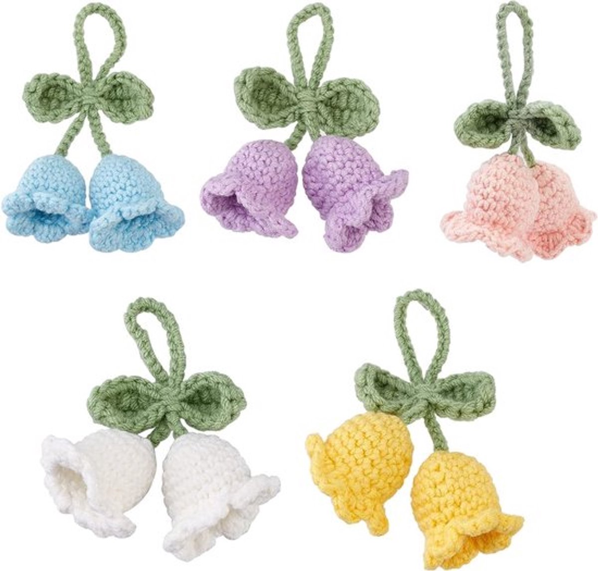 5 Stuks Gehaakte Blauwe Klokjes Hangdecoratie - Kunstbloemen Sleutelhanger met Katoen, Handgemaakt en Kleurrijk Accessoire