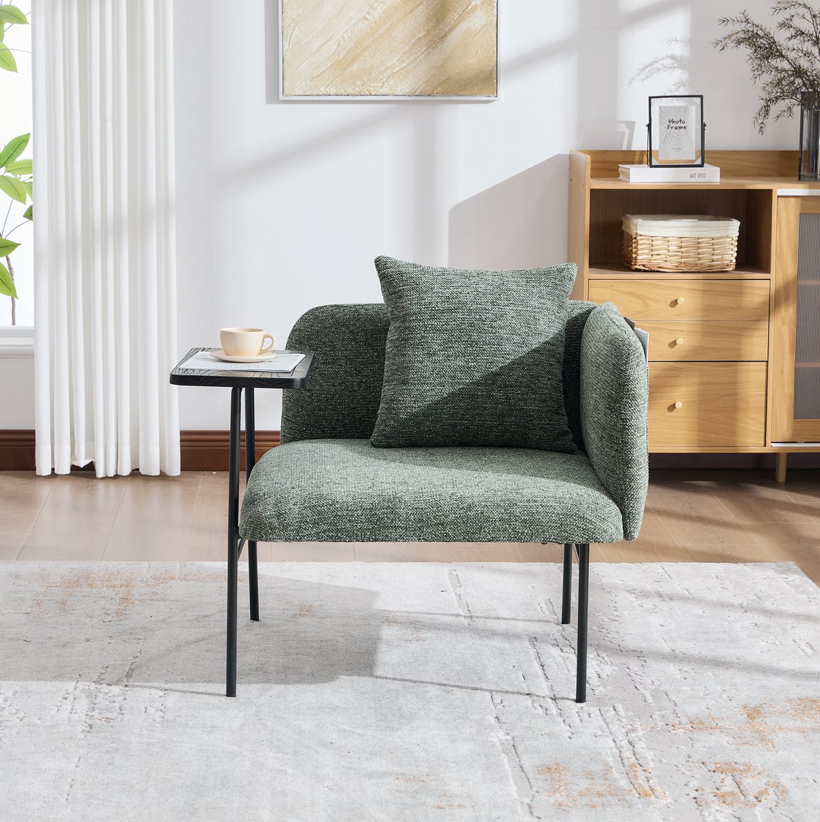 REDOM - Fauteuil - Comfortabele zitting - Met bijzettafel en 2 zijvakken - Scandinavische stijl - Woonkamer of studeerkamer - Chenille - Smaragdgroen - 86 x 72 x 71 cm