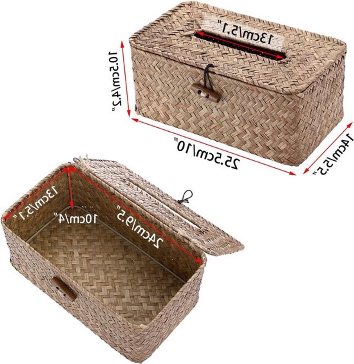 Decoratieve Woven Papieren Tissuehouder van Zeegras in Rectangulaire Vorm, Koffiekleur, 27x12x9 cm - Ideaal voor Woonkamer, Badkamer en Kantoor