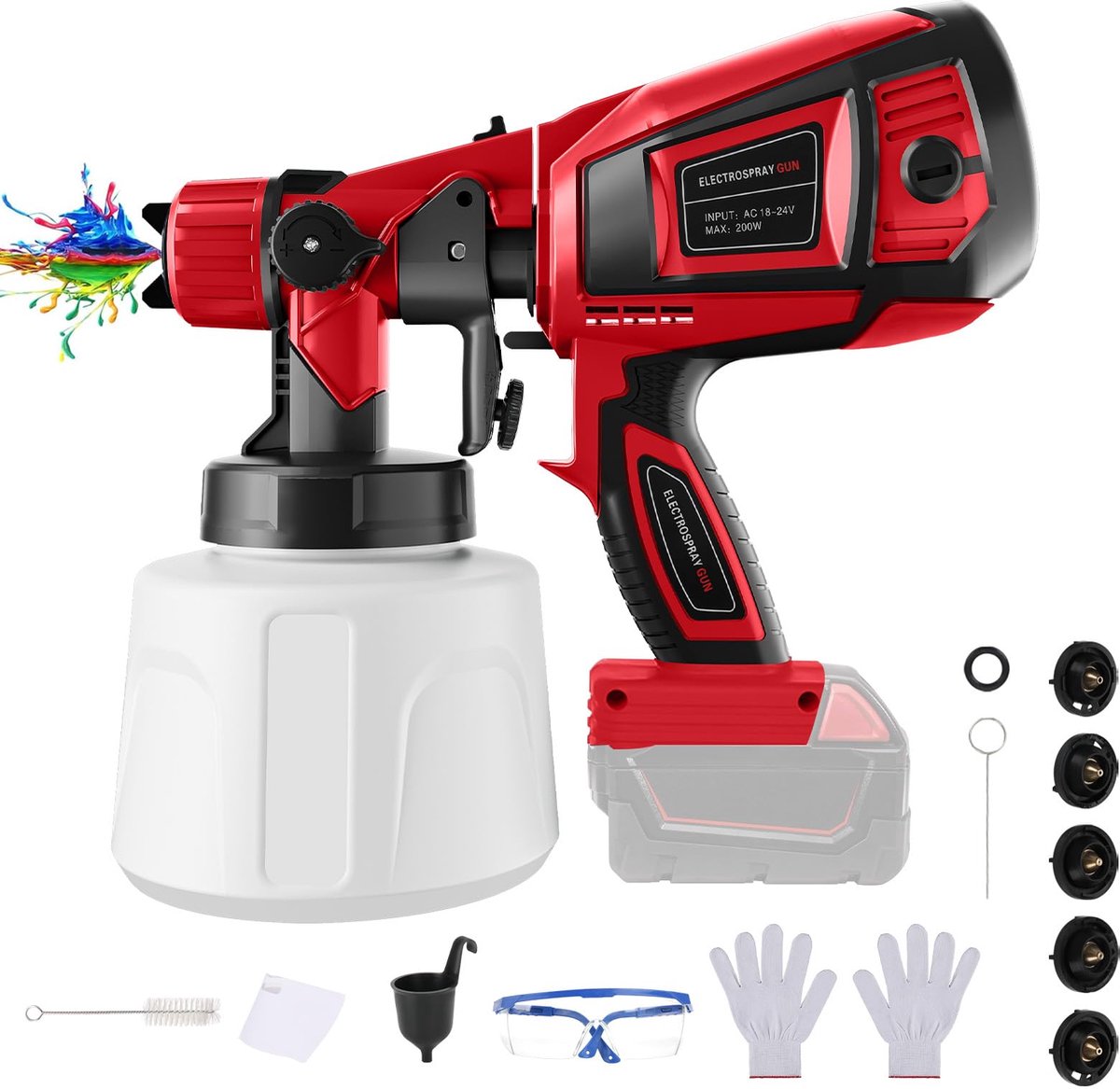 SnelShoppen - Draadloze verfspuit voor Milwaukee 18V batterij, 1000 ml verfkan, 5 spuitmonden, 3 patronen, reinigingsborstel, handschoenen en bril voo