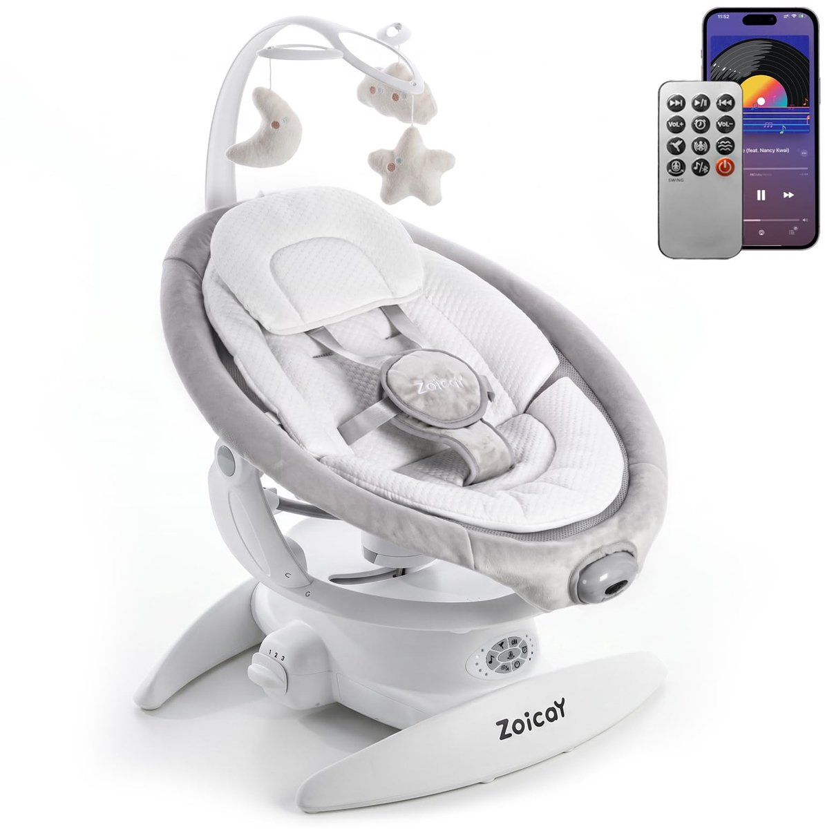 SnelShoppen - Elektrische babywip 3-in-1 met 9 trillingsmodi, afstandsbediening, bluetooth, timing-muziekfunctie, voor binnen en buiten, wit