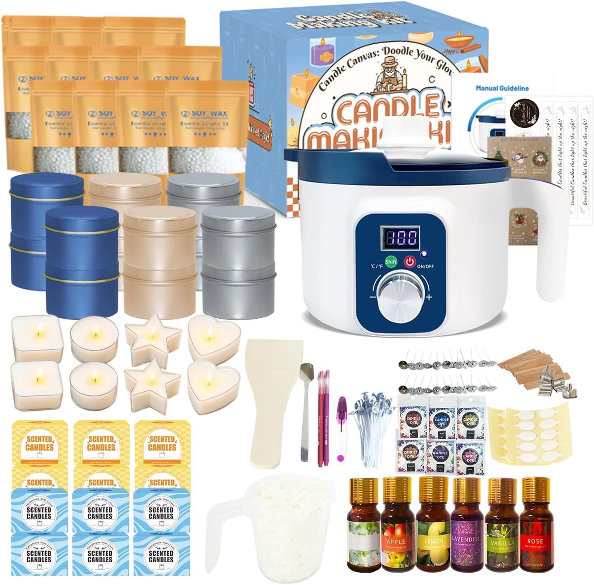 SnelShoppen - Bouwset Geurkaarsen voor Volwassenen met Wasfondoir, Elektrische Kaars, Sojawas, 12 Potten, 8 Theelichtjes, 6 Geuren en Geschenkdozen vo