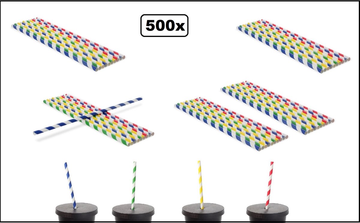 500x Papieren rietjes kleurenmix 230mm x 6mm - Stripes - Rietje festival cocktail limonade milkshake drank red