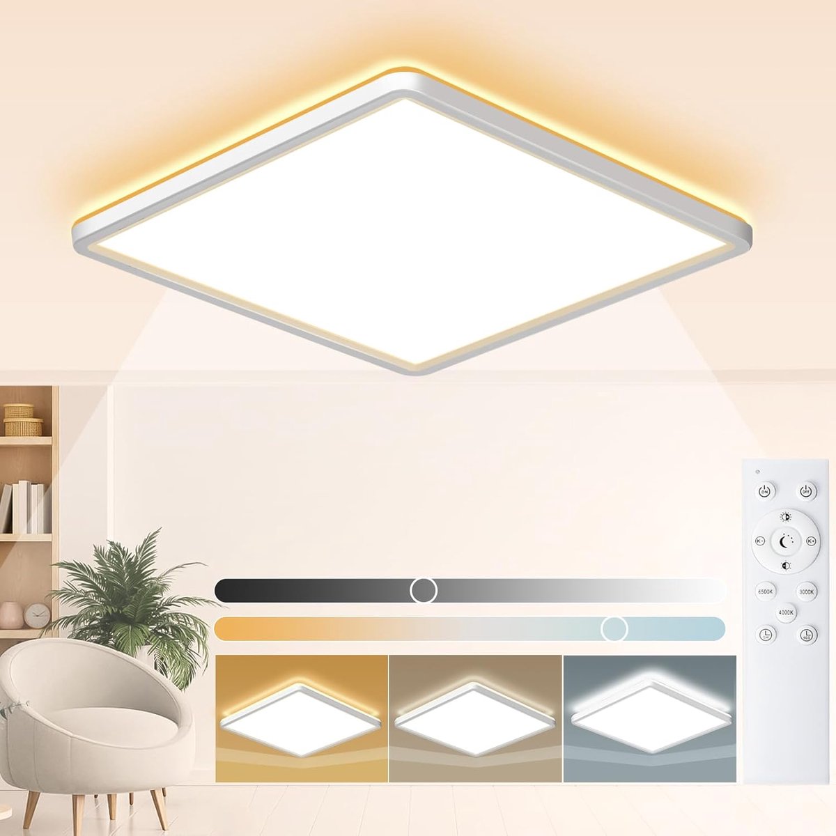 SnelShoppen - Dimbare Led-plafondlamp 24 W, 3240 lumen, ultradun vierkant, afstandsbediening, instelbare kleur 3000-6500 K, diameter 29 cm voor woonka