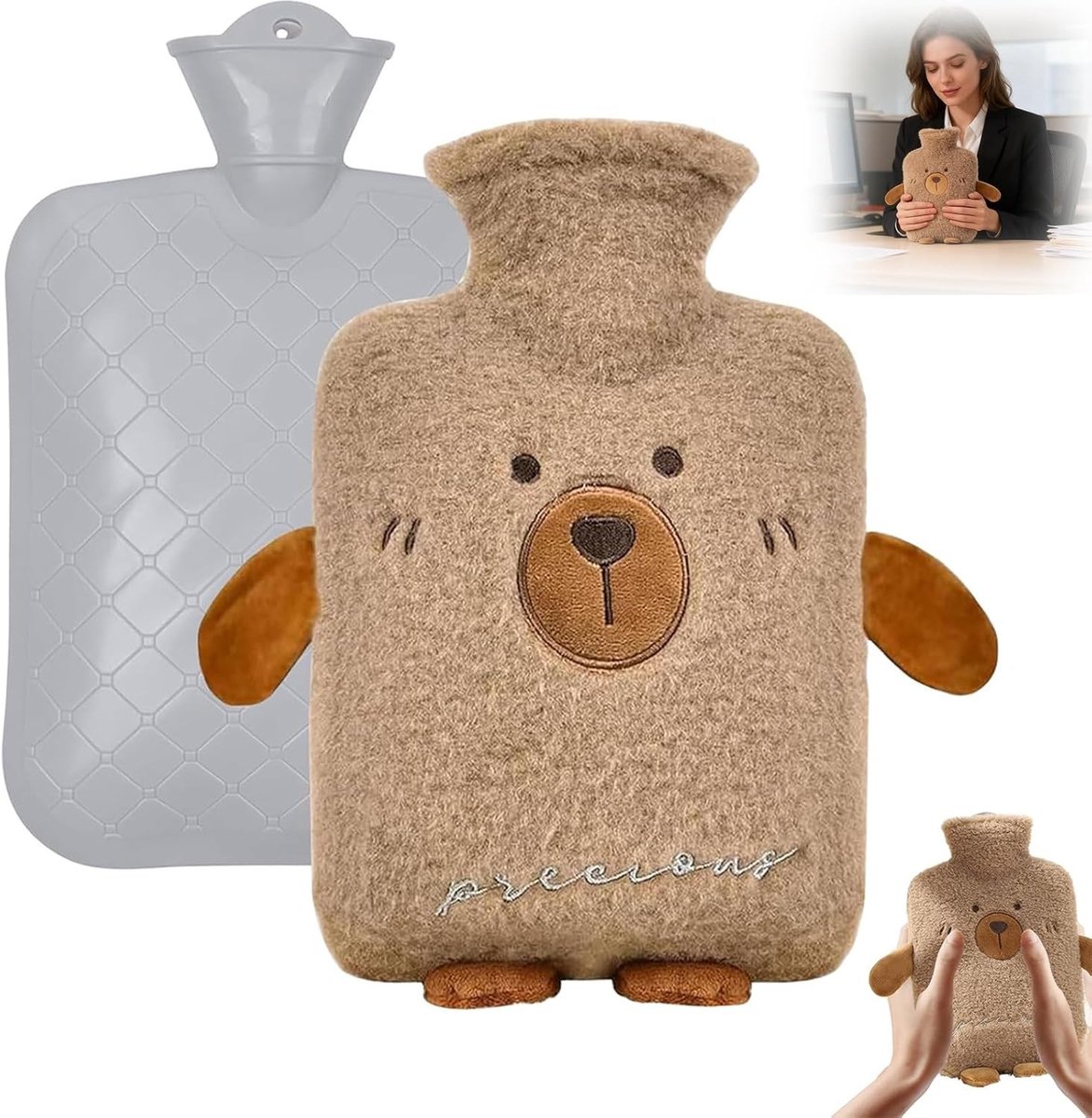 Warme pluche warmwaterkruik met knuffelzachte overtrek, 1 liter, ideaal voor pijnverlichting en als handwarmer, perfect cadeau voor familie en vrienden