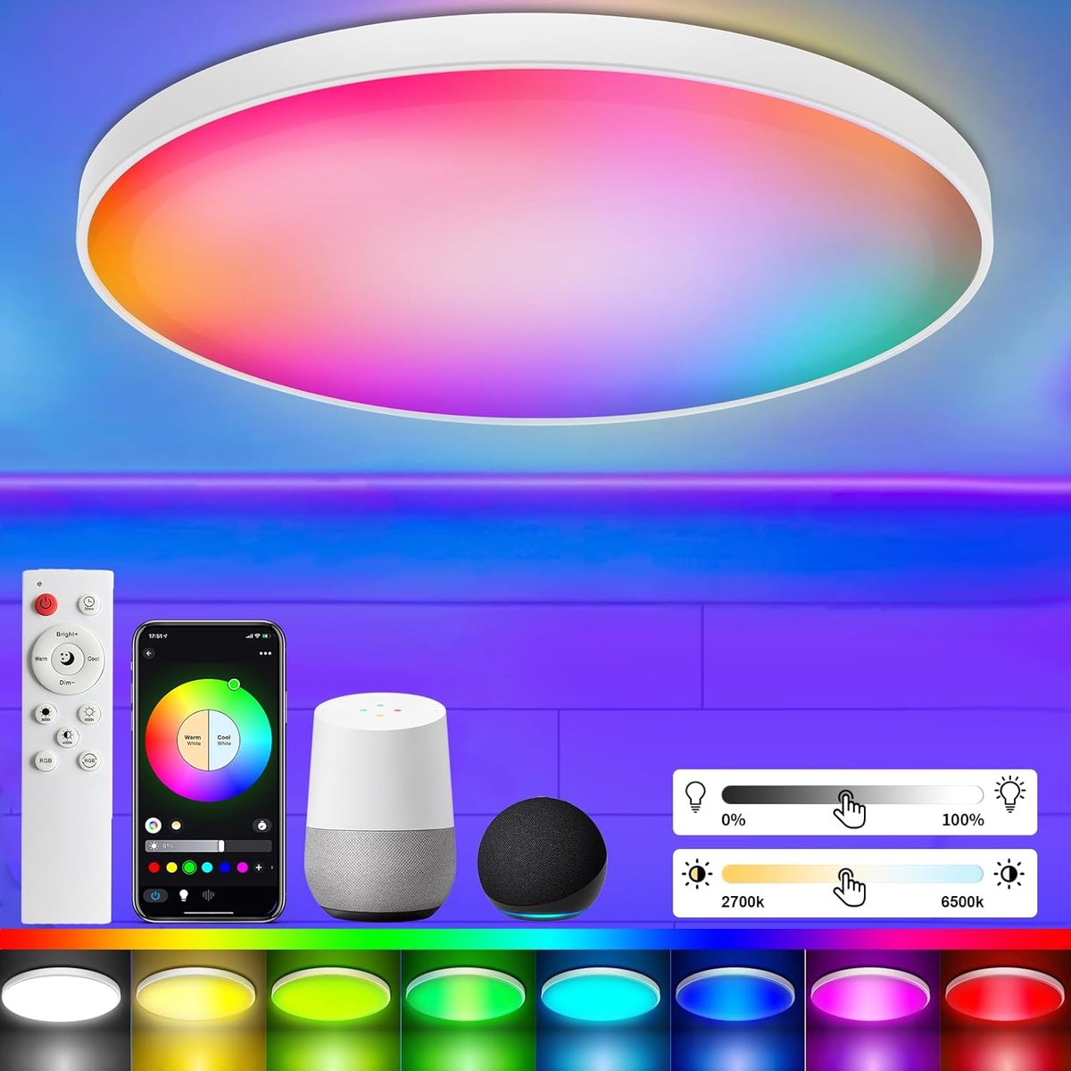 SnelShoppen - Dimbare LED-plafondlamp 30 W met afstandsbediening, RGB-kleurverandering, Alexa-compatibel, app-bediening, 2700 K-6500 K, ronde lamp voo