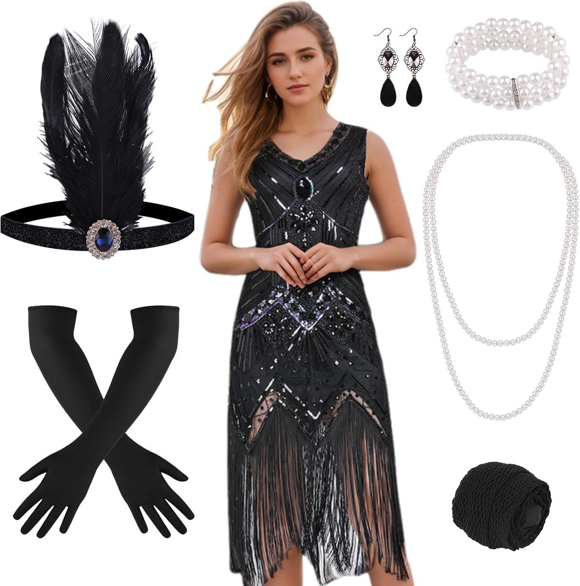1920s Flapper Jurk met Franje en Pailletten voor Vrouwen - Gatsby Stijl, Roaring 20s Kostuums en Accessoires