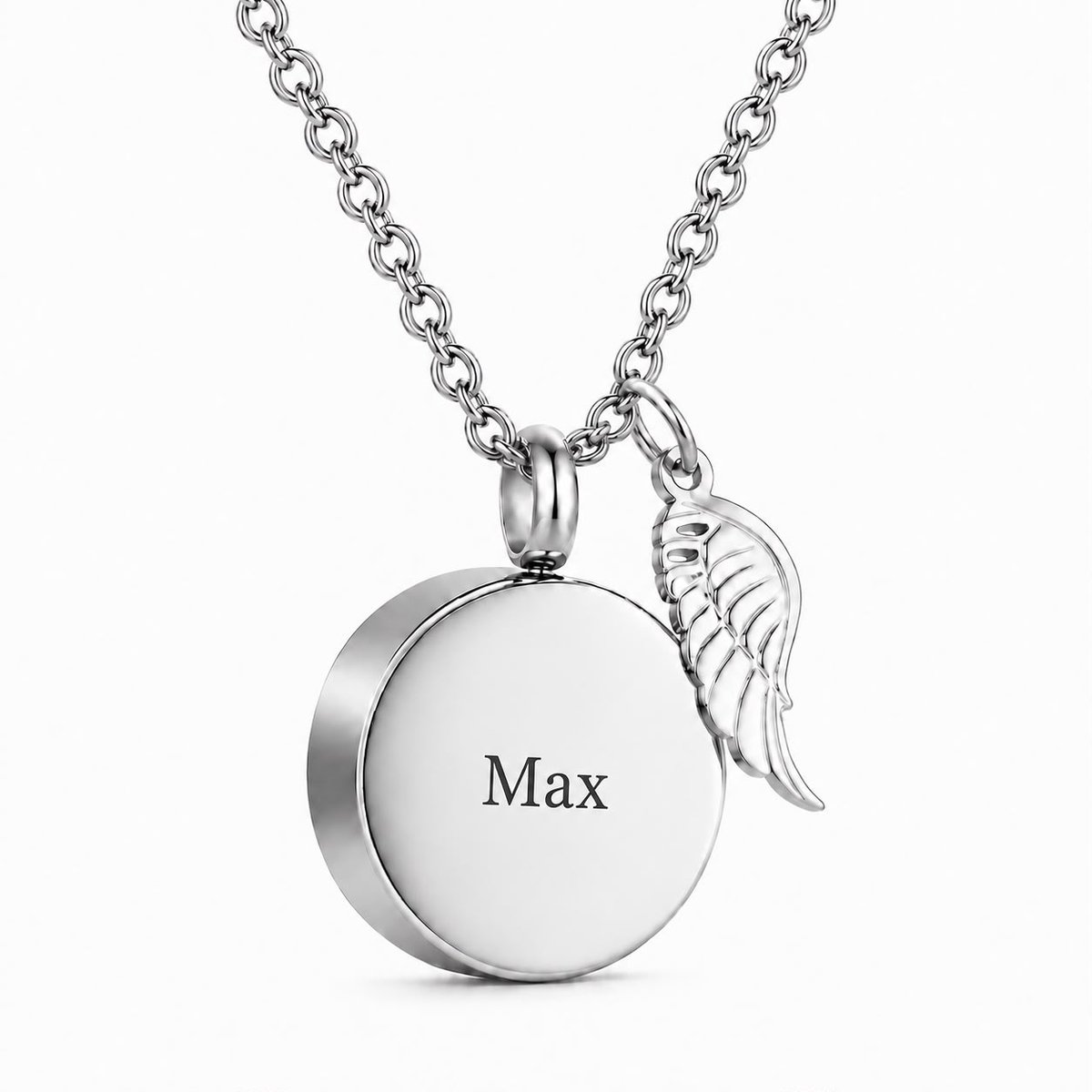 Luxe Ashanger met Vleugel | Gepersonaliseerde Ashanger met Naam – Asketting Rond met Engelenvleugel Bedel – RVS Gedenksieraad met Naamgravure – Inclusief Ketting – Zilver - Petshop Seven
