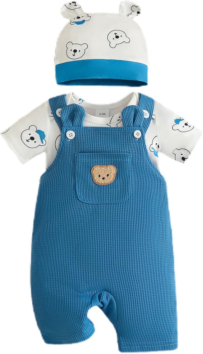 SnelShoppen - Babykleding voor Pasgeborenen, Korte Mouwen Gestreept Overall, Dierenprint Shorts met Bandjes, 3-delige Zomerset voor Baby's 0-12 maande