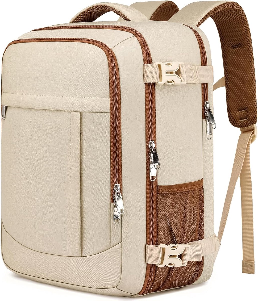 SnelShoppen - 55 x 40 x 20 cm Handbagage Rugzak voor Vliegtuig, 44 L Grote Reisrugzak met Laptopvak, Beige Carry-On Reistas voor Mannen en Vrouwen