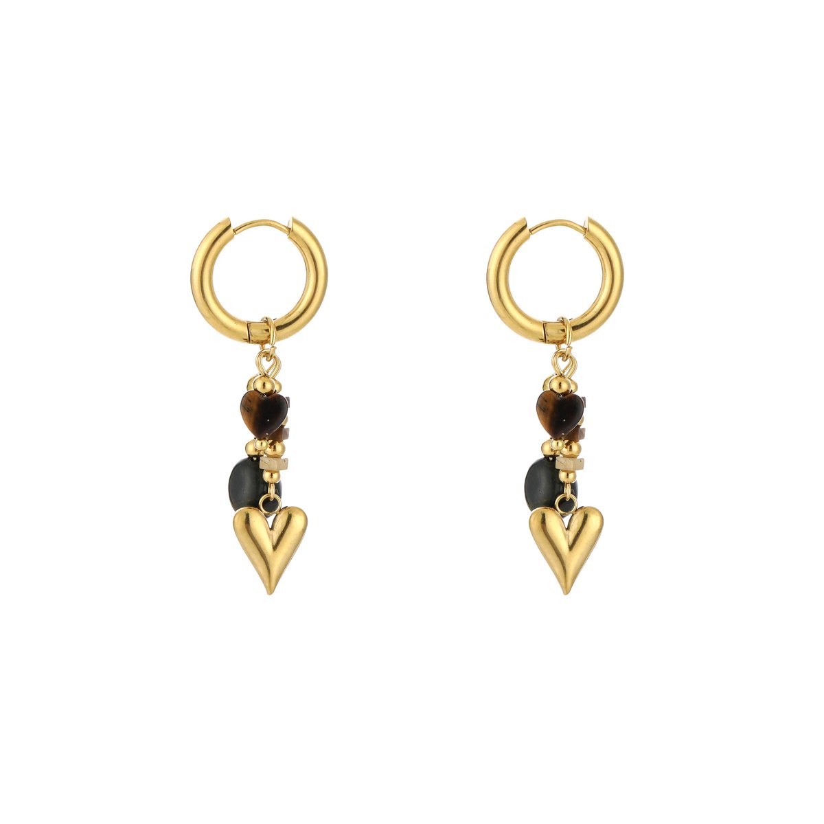 Stainless Steel Heart Charm Hoops with Gemstones & Beads – Luxe Hart Bedel Oorringen met Natuursteen – RVS - Cat Eye