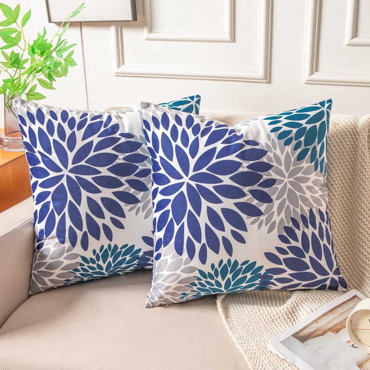 SnelShoppen - Fluwelen Kussensloop Set van 2 - 40 x 40 cm - Blauwe Kussenslopen met Herfstbloem en Dahlia-patroon - Moderne Decoratieve Kussenhoezen v