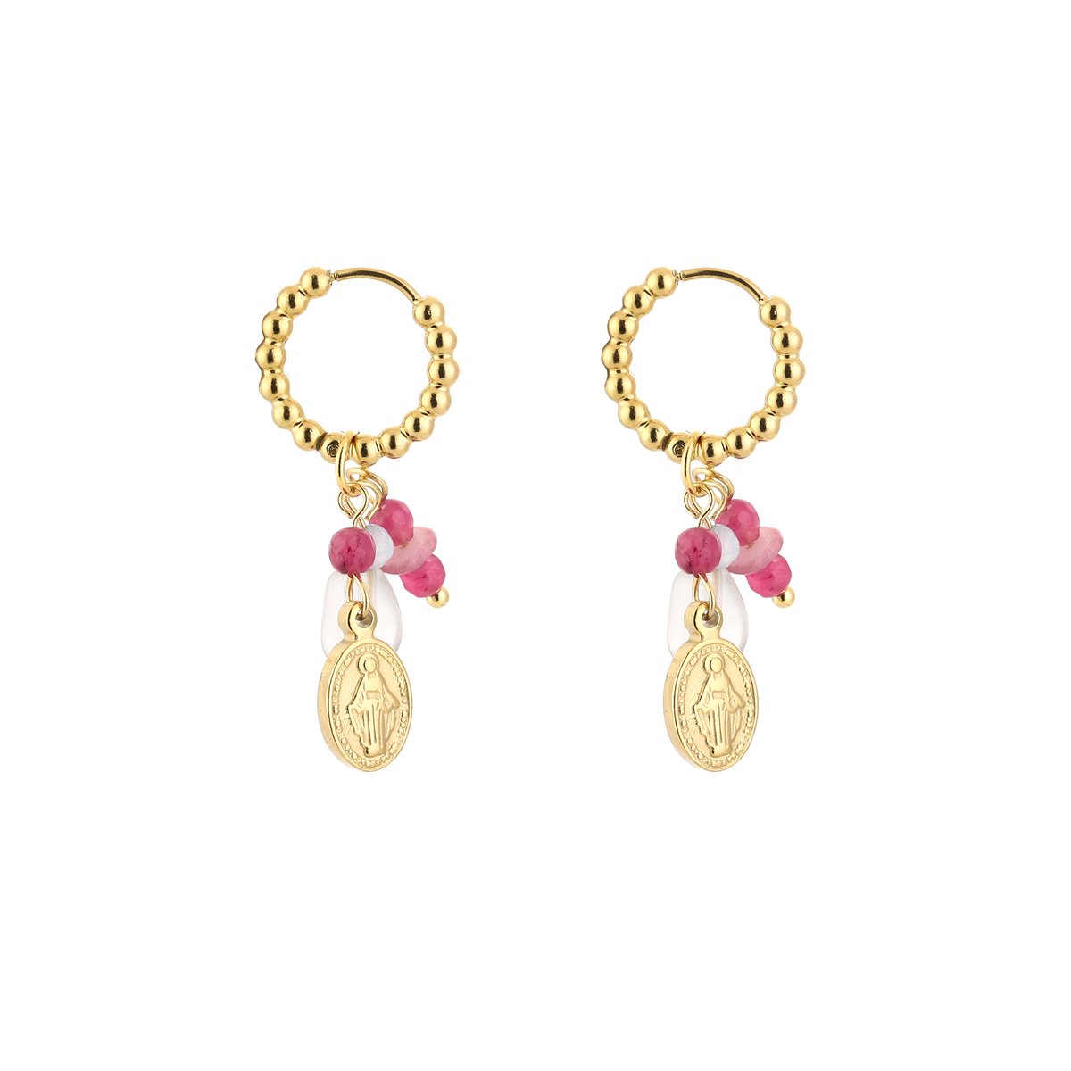 Stainless Steel Beaded Charm Hoops with Virgin Mary Coin & Natural Gemstones – Luxe Kraaltjes Oorringen met Maria Medaillon & Natuursteen – RVS - Goud